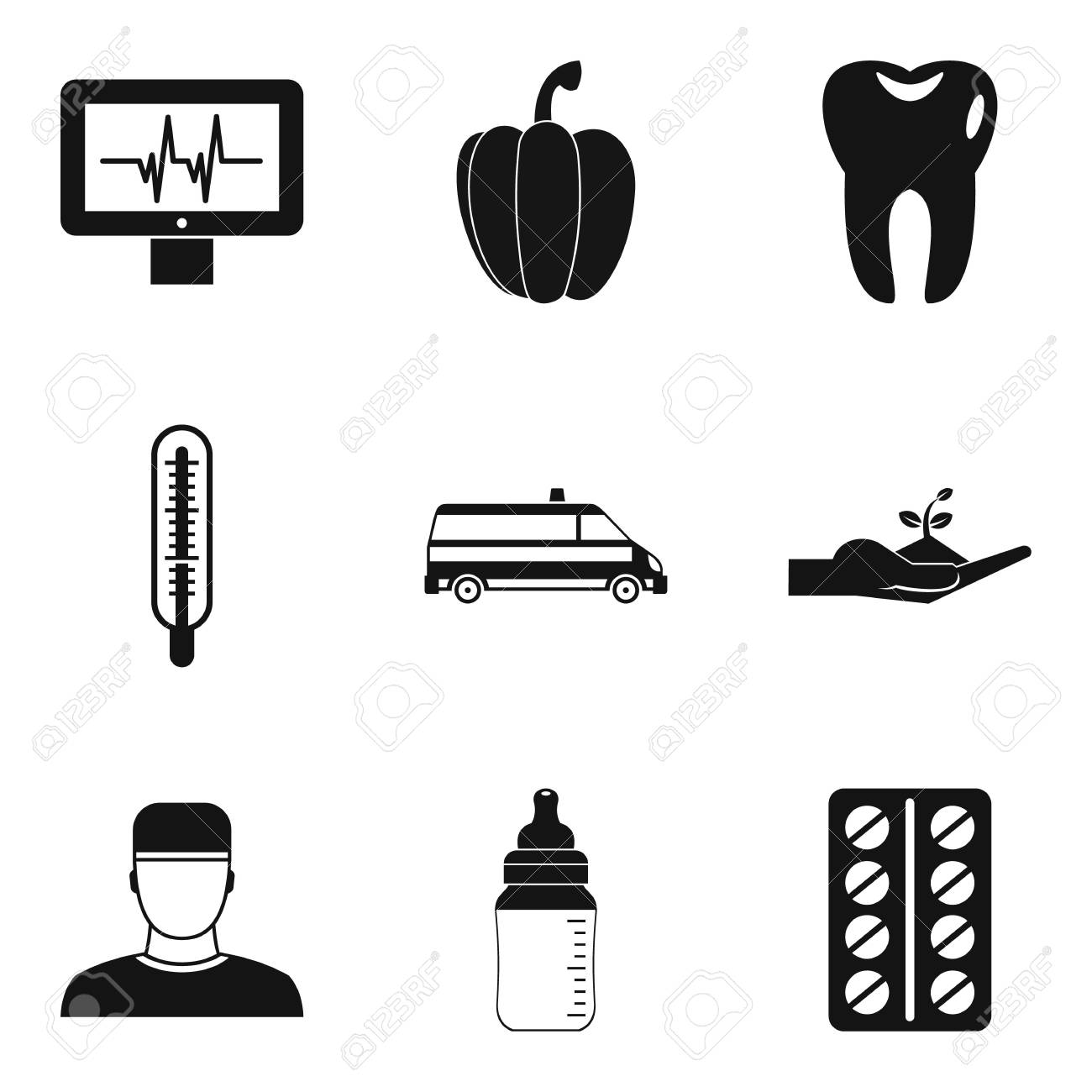 病気の人のアイコンを設定 シンプルなスタイルのイラスト素材 ベクタ