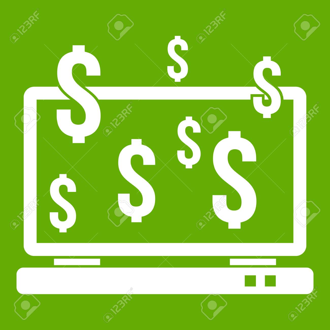 computer monitor and dollar signs icon white isolated on green