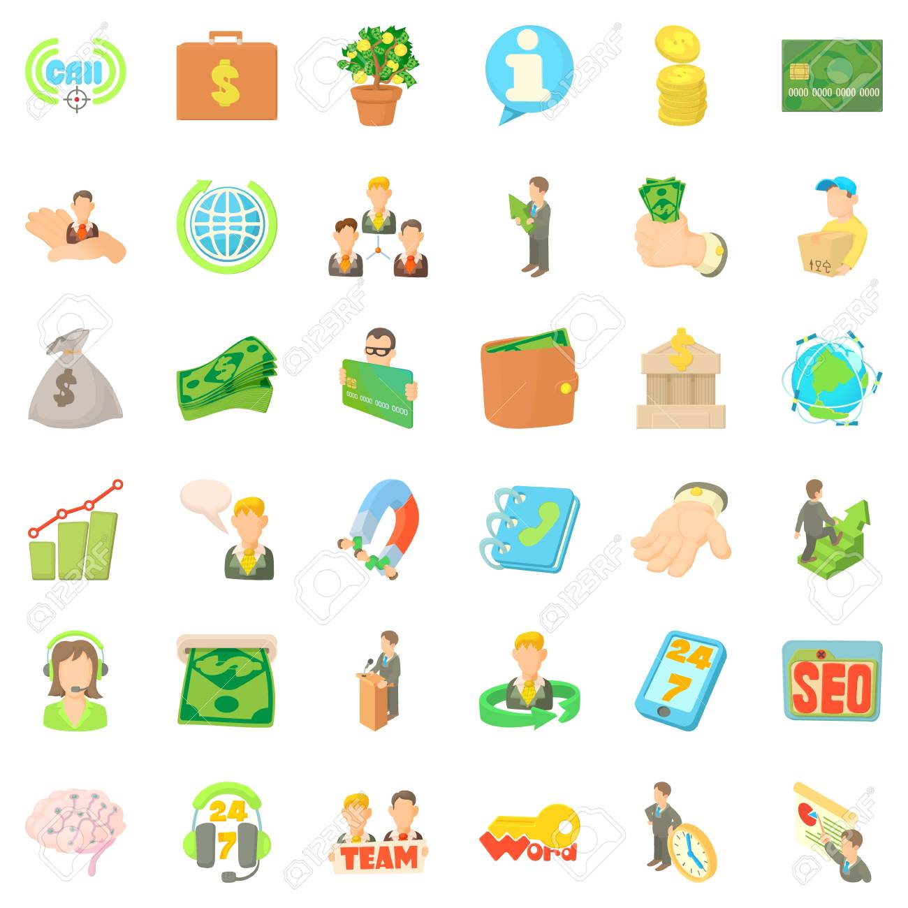 オフィスの作業アイコンが設定されています 白い背景に隔離されたウェブ用36オフィスワーキングベクトルアイコンの漫画スタイルのイラスト素材 ベクタ Image