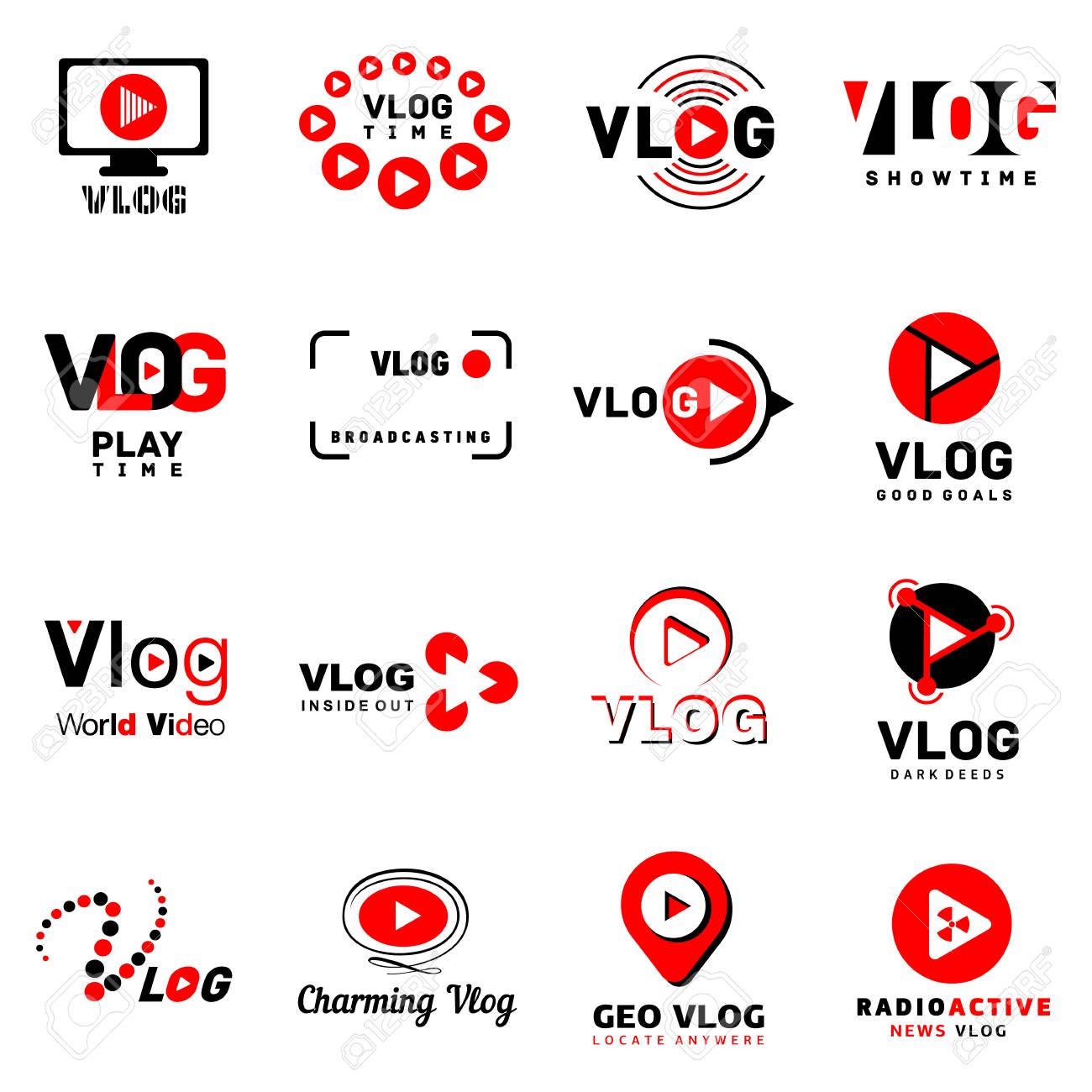 비디오 채널 로고 아이콘을 설정합니다. 웹에 대 한 16 Vlog 비디오 채널 로고 벡터 아이콘의 간단한 그림 로열티 무료 사진,  그림, 이미지 그리고 스톡포토그래피. Image 97618619