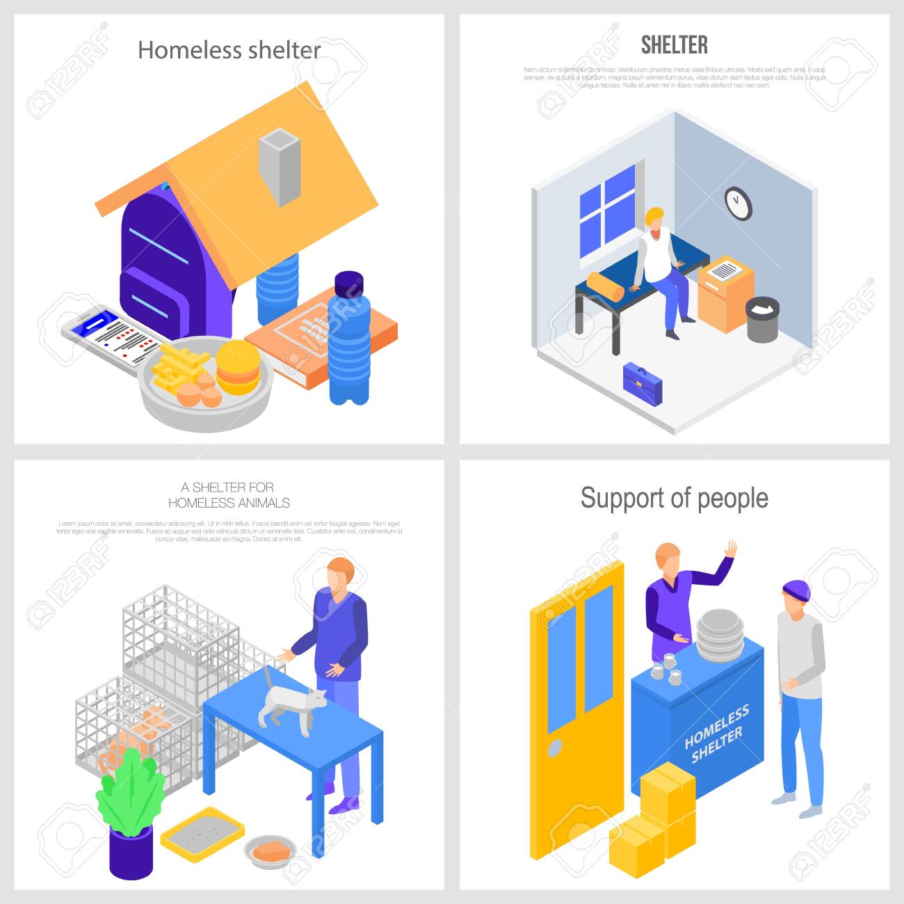 Homeless Shelter Charity Banner Set Isometric Style Royalty Free Cliparts Vectors And Stock Illustration Image