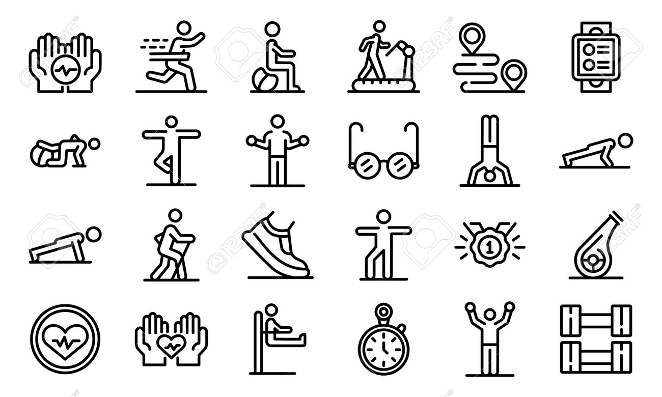 운동 노인 아이콘 설정 개요 스타일 로열티 무료 사진, 그림, 이미지 그리고 스톡포토그래피. Image 160937852