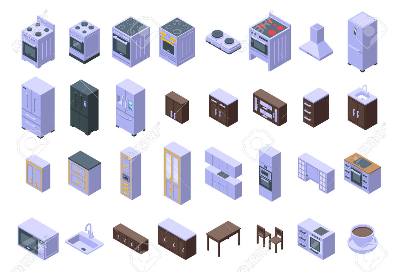 Kitchen furniture icons set. Isometric set of kitchen furniture vector icons for web design isolated on white background - 167847852 Kitchen furniture icons set. Isometric set of kitchen furniture vector icons for web design isolated on white background - 167847852