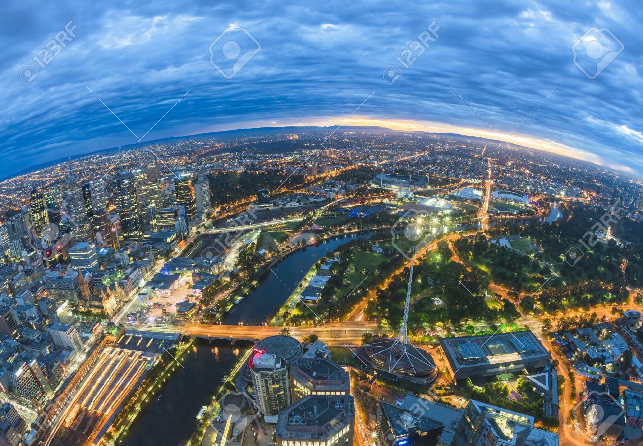 Fisheye view of Melbourne CBD just before sunrise - 54430048 Fisheye view of Melbourne CBD just before sunrise - 54430048