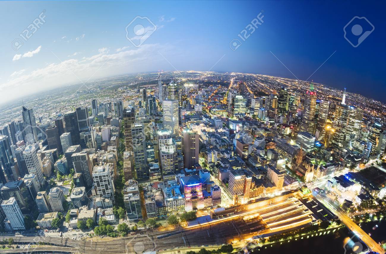 Aerial view of Melbourne, fading from day to night - 59175936 Aerial view of Melbourne, fading from day to night - 59175936