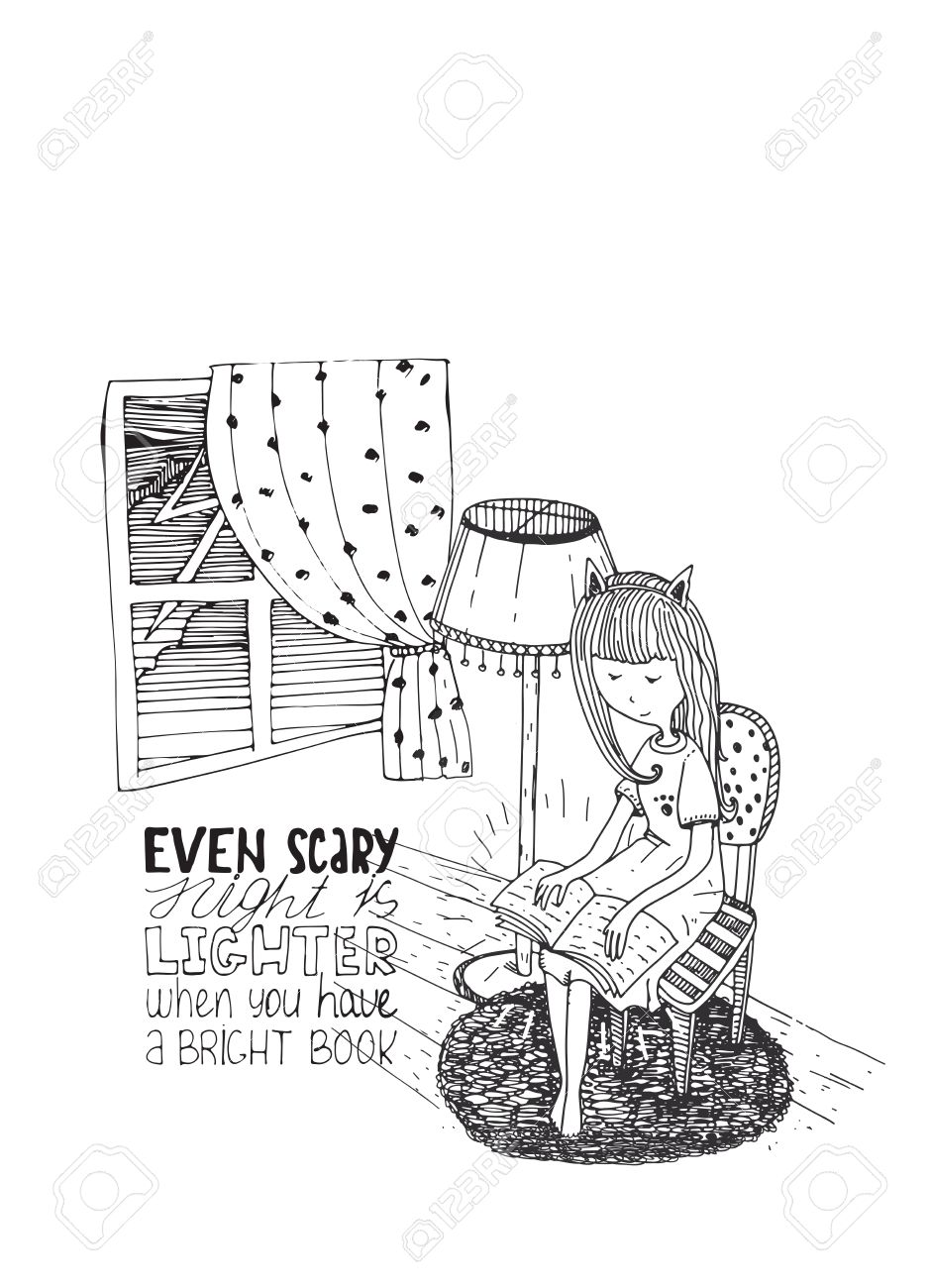 女の子は嵐の夜に本を読んで ベクトルは手描き下ろしイラスト インクとホワイト ペーパーです 白を基調にシンプルなモチベーション教育レタリング引用 書店や図書館に最適な上に分離 のイラスト素材 ベクタ Image