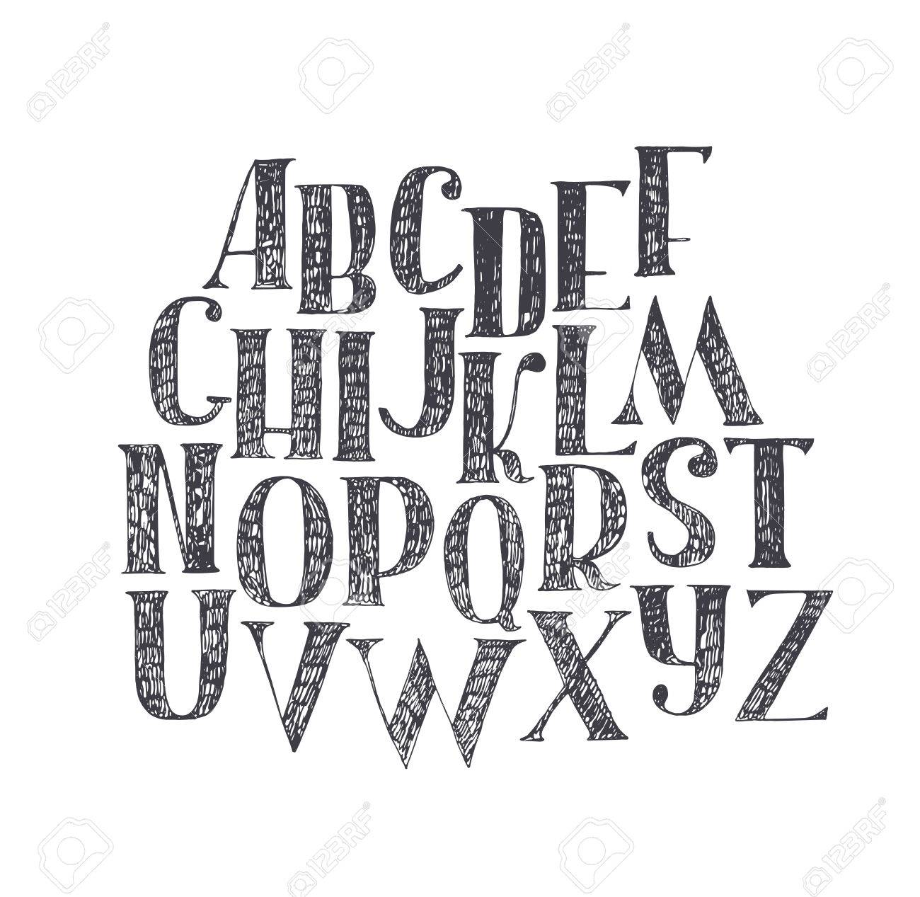 English Hand Drawn Abc From A To Z. Capital Font Made With Nib And Serif,  Decorated Hatch Alphabet, Painted Freehand. Isolated On White Background  Vector Illustration. Letter Made In Classical Hatched Style