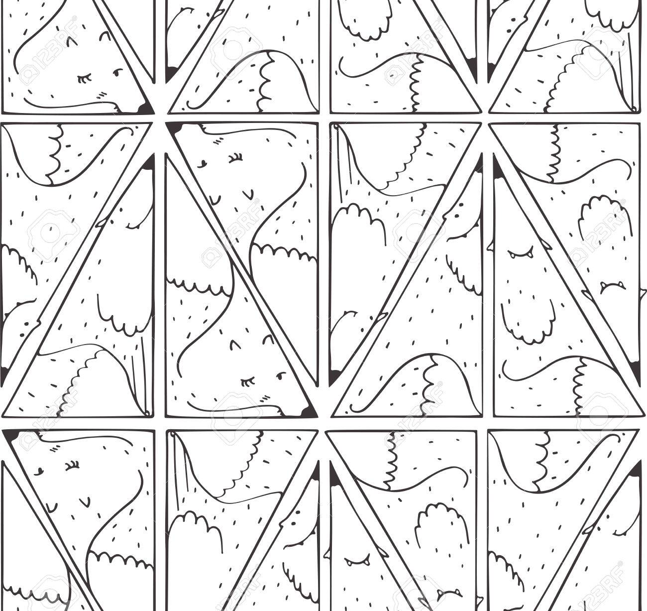 幾何学的なバック グラウンドで描画される三角形で素敵なキツネとシームレスな黒と白のパターンを閉じます 子供たちの壁紙や包装紙のイラストを良いベクトルします 手描き 楽しい かわいいのイラスト素材 ベクタ Image