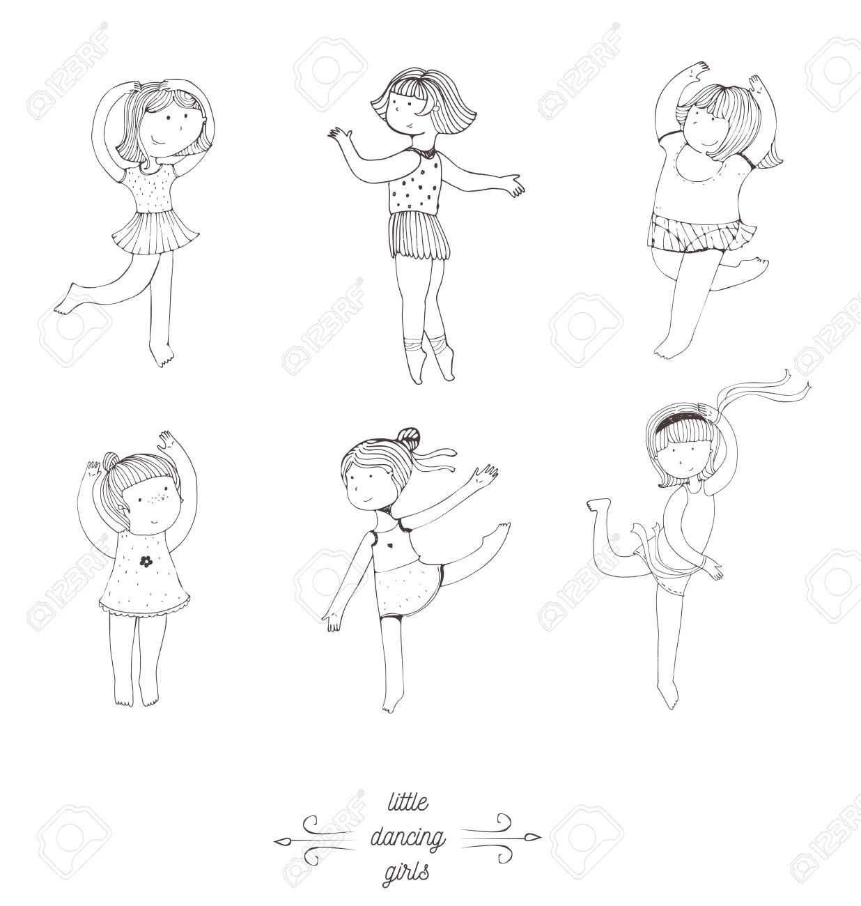 黒と白は ベクトル手描き踊る女の子のセット かわいい 楽しい女の子の顔に笑みを浮かべて 様々 なポーズでの手順で移動します 分離白イラスト ダンス スタジオ ダンススクールの良い のイラスト素材 ベクタ Image