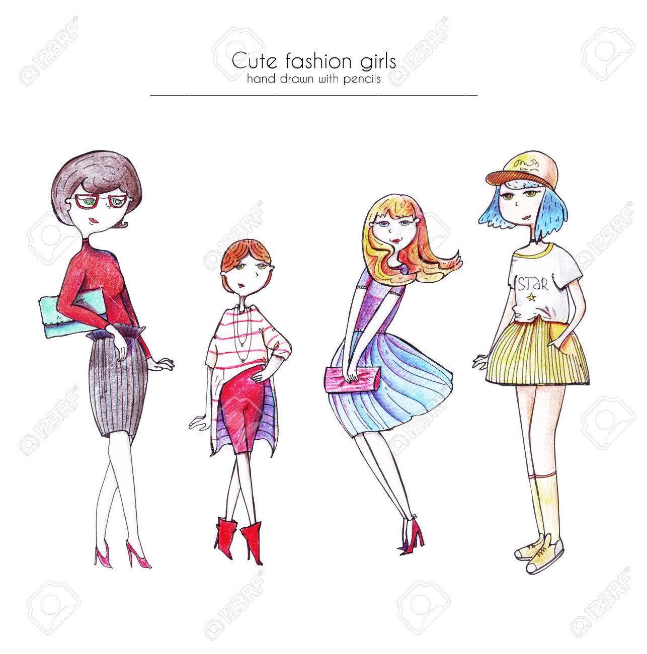 set of hand drawn fashion girls drawn with ink and colored pencils