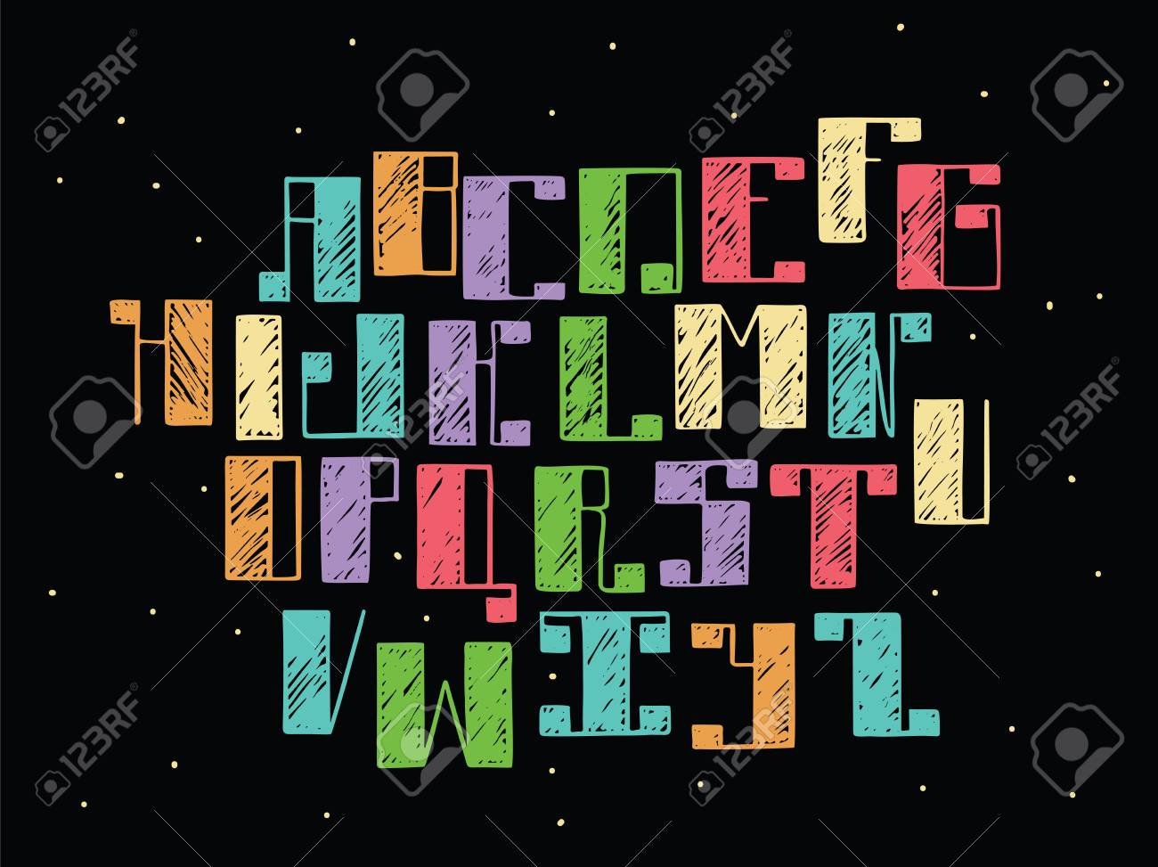 明るいカラフルな英語アルファベット A から Z に黒の背景に インクの概要と孵化で手書き手描きフォント太字の部分で フラット ベクトル Abc 大文字 レタリングの良いのイラスト素材 ベクタ Image