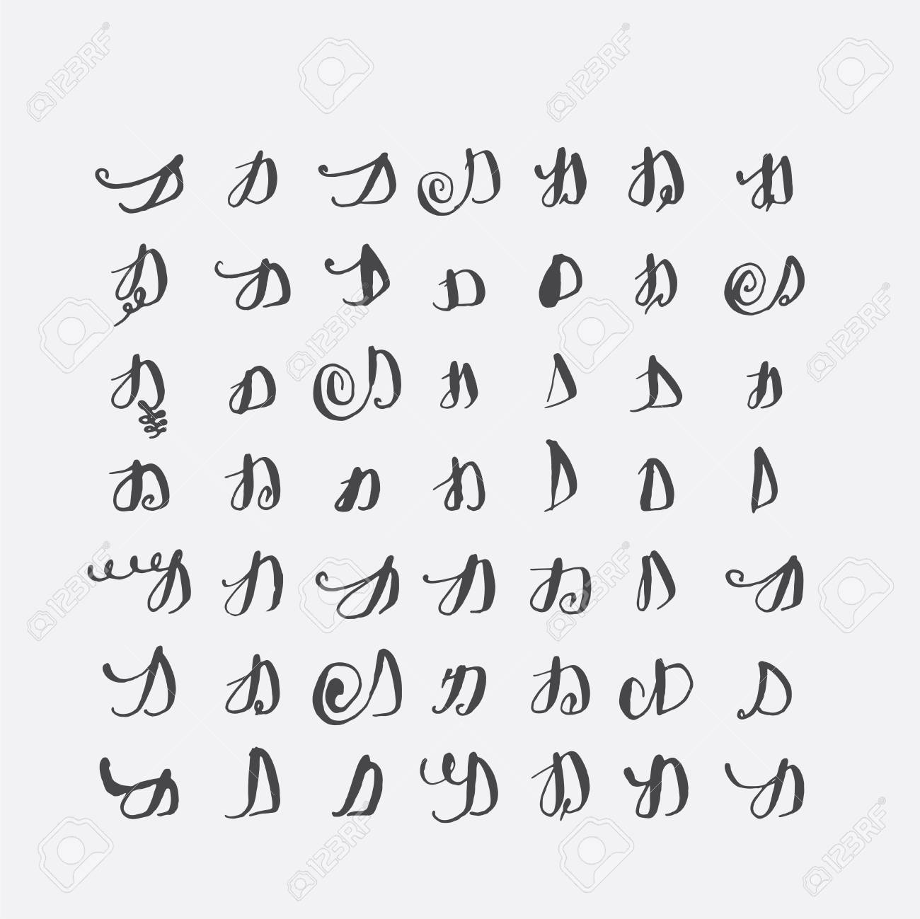 D は 先の尖ったペンで手書きの文字のベクター セット華麗さおよび装飾的な要素飾られています 黒灰色の不完全な文字シーケンスに分離されました 様々 な図形コレクションのイラスト素材 ベクタ Image