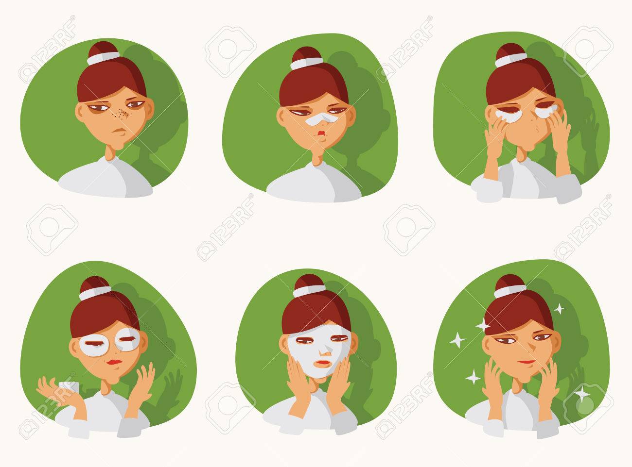 素敵なブルネットの少女の顔に彼女の肌の世話をします パッチ目の下と鼻の黒ずみ 目の下のくま 肌の輝きの布マスクを防止します ベクトル図の前後に のイラスト素材 ベクタ Image