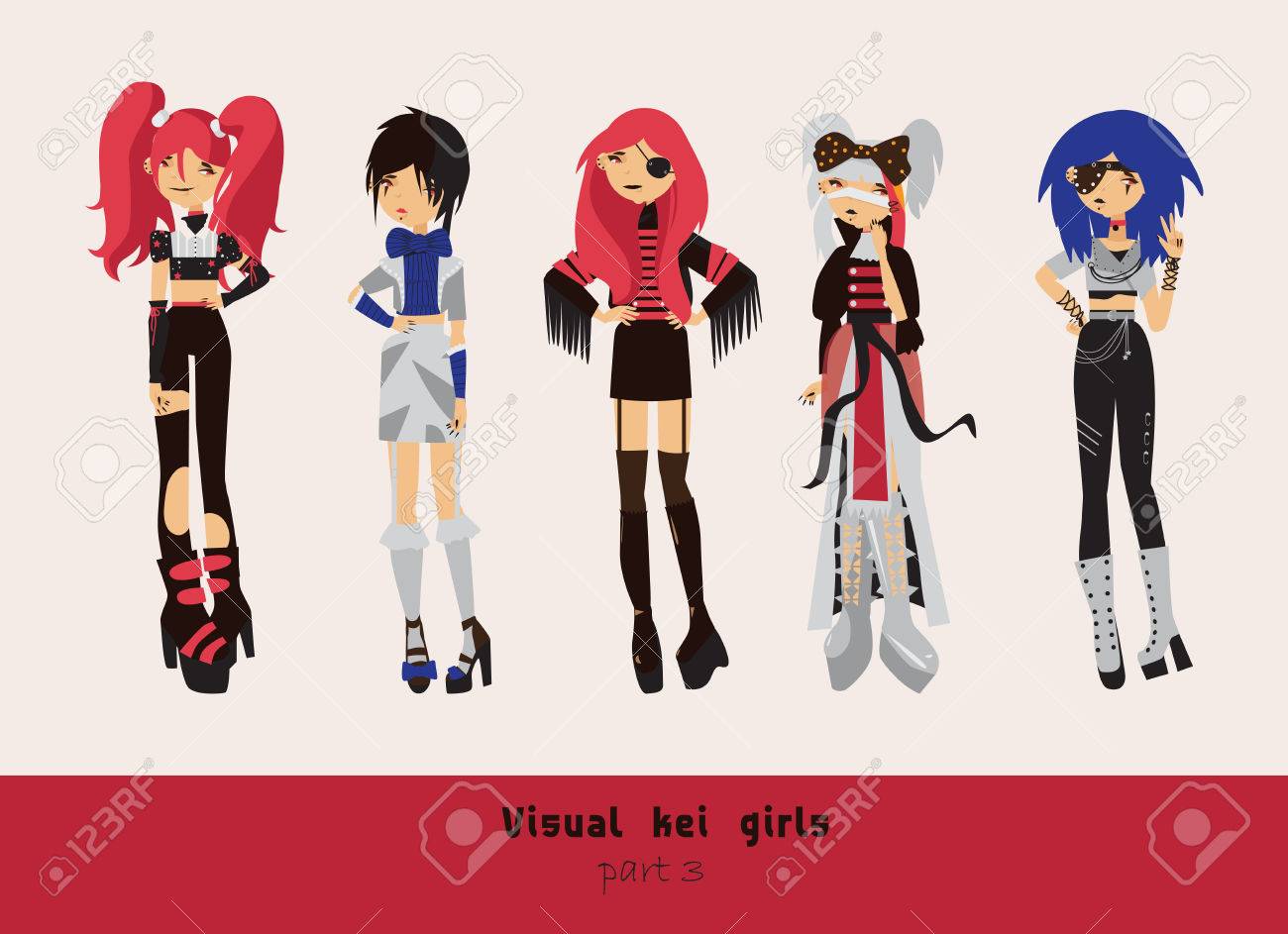 素敵なビジュアル系の女の子 別の髪型 感情 アクセサリー ポーズに隔離された背景 サブカルチャー キャンディー スタイル ゴシック様式の創造的なコレクション のイラスト素材 ベクタ Image