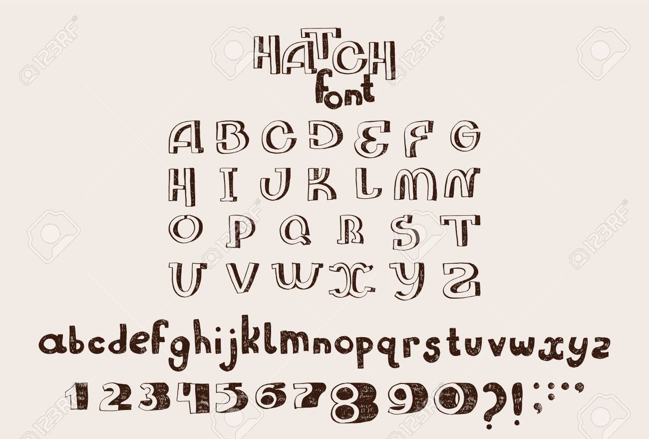 Vector Hand Drawn English Hatch Alphabet Letters Sequence From A To Z With Capital And Lowercase Letters Numbers From To 9 And Punctuation Marks Isolated On Background Collection Royalty Free Cliparts Vectors