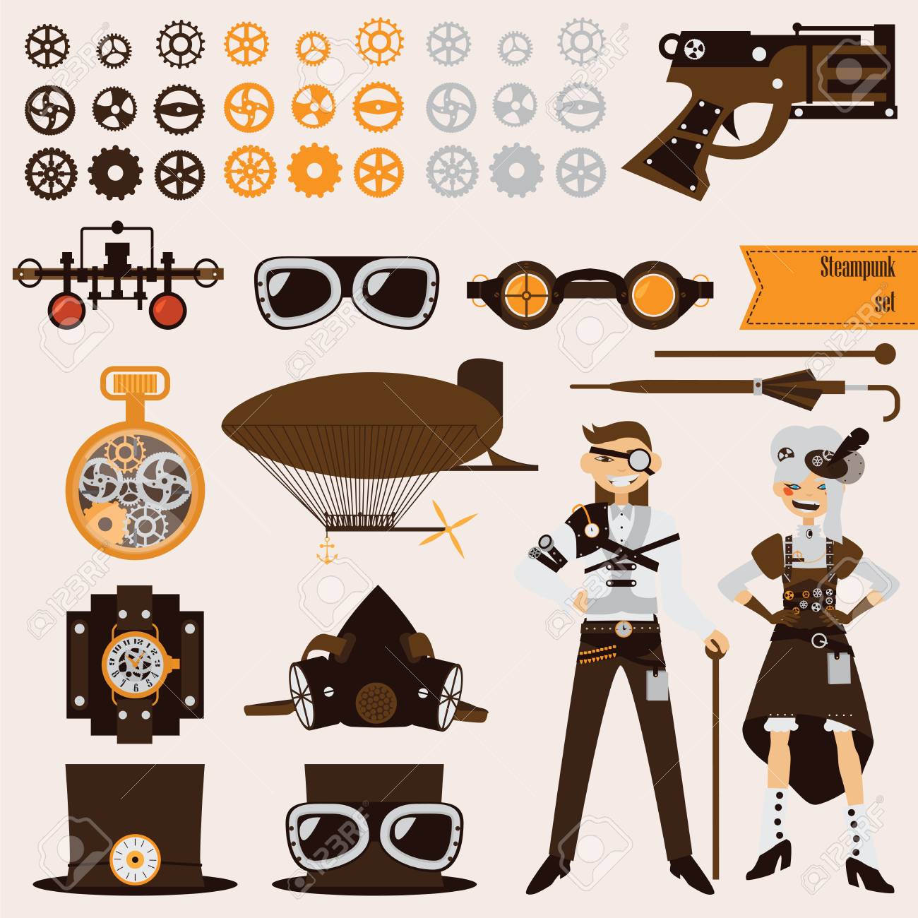 スチーム パンクなオブジェクトと文字を設定します 飛行船やゴーグル 歯車 古い旧式リボルバー のイラスト素材 ベクタ Image