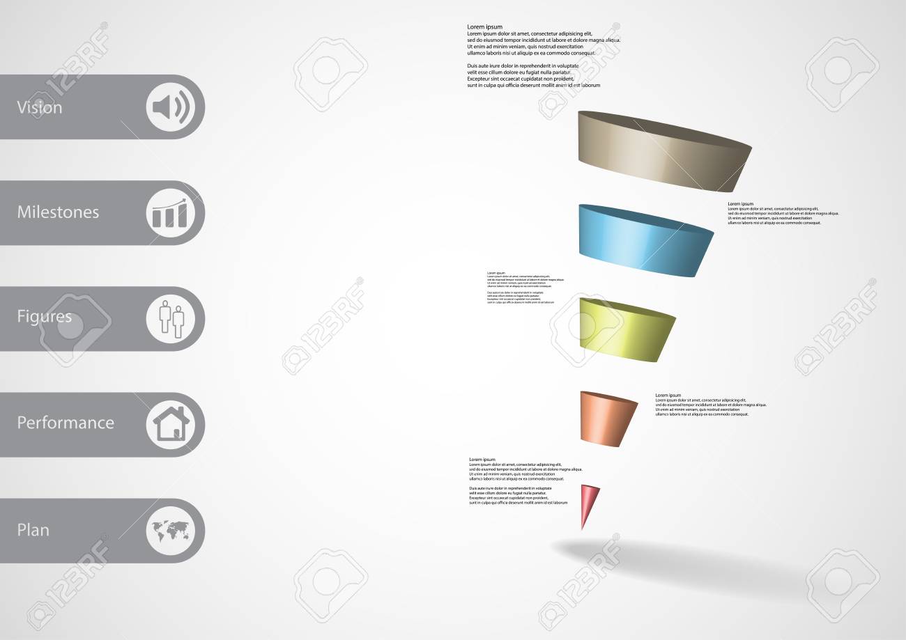 傾斜した円錐形の三角形をモチーフにした 3 D イラスト インフォ グラフィック テンプレートは単純な記号とバーにあるテキスト 5 色のスライスに水平方向に分かれています 光グレー グラデーションの背景として使用されます のイラスト素材 ベクタ Image