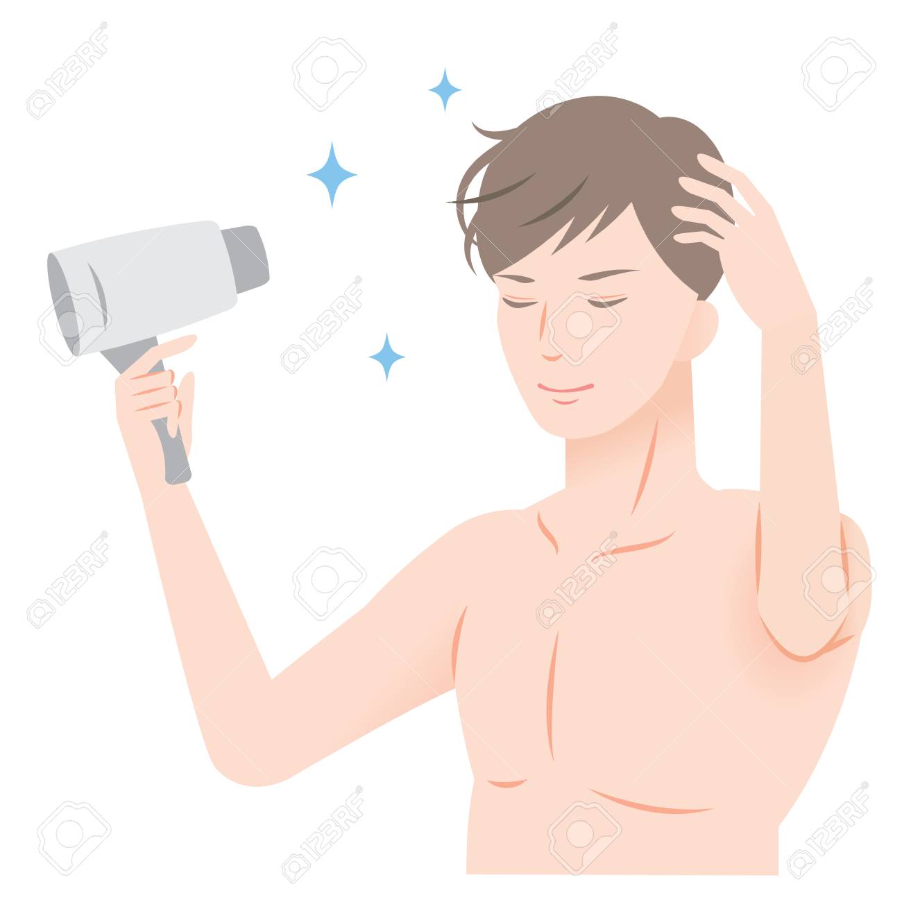 若い男の打撃がドライヤーで髪を乾燥します 髪のケアと男性の美の概念のイラスト素材 ベクタ Image