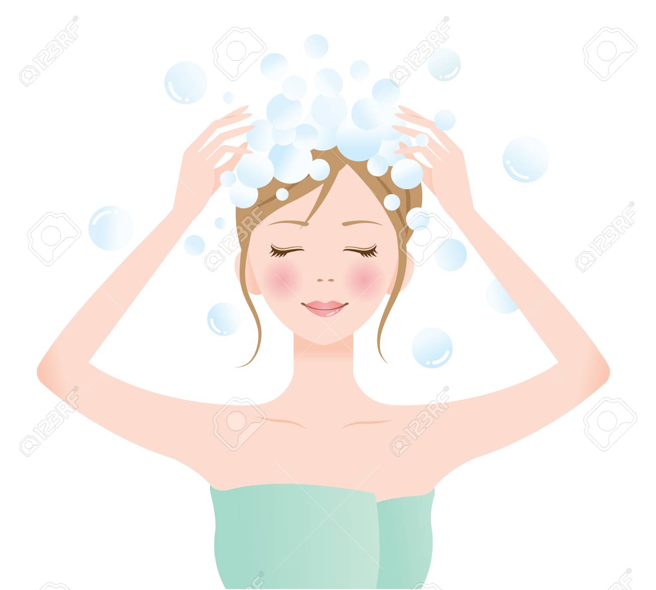 豊かな泡のシャンプーで彼女の長い髪を洗う美しい女性 美容とヘアケアのコンセプト のイラスト素材 ベクタ Image 豊かな泡のシャンプーで彼女の長い髪を洗う美しい女性 美容とヘアケアのコンセプト のイラスト素材 ベクタ Image