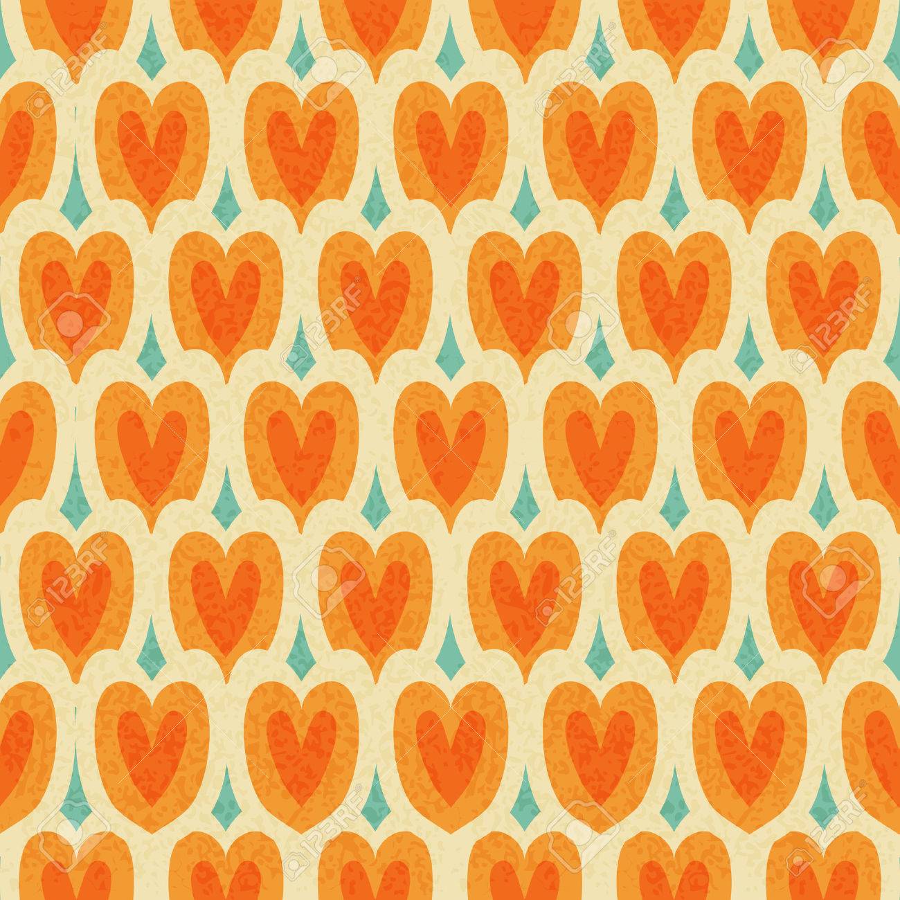 ヴィンテージ日本スタイル オレンジ ハート青の背景に古いテクスチャとシームレスなパターン のイラスト素材 ベクタ Image