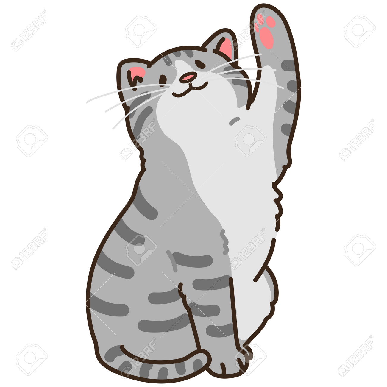 灰色のぶち猫が足を上げるのシンプルで愛らしいイラストの