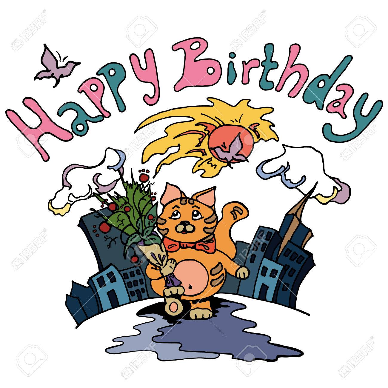 通りを歩いて面白い猫の誕生日カード 誕生日バナー ポスターの文字の美しいデザイン のイラスト素材 ベクタ Image