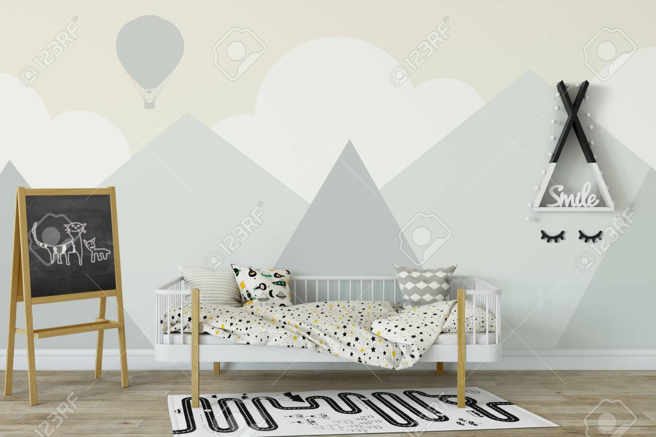 Mock Up Wall In Child Room Interior Interior Scandinavian Style 3d Rendering 3d Illustration Perfect For