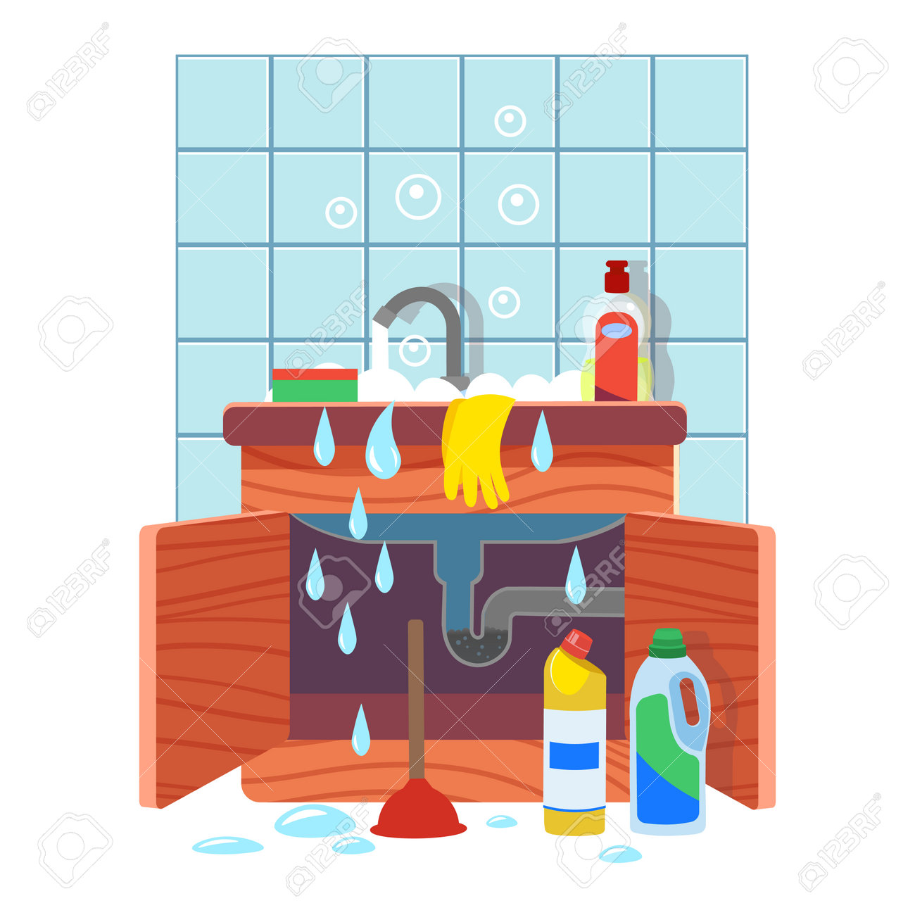Clogged Kitchen Sink Leaking Sink With Clogged Water Pipe Broken Royalty Free Cliparts Vectors And Stock Illustration Image 166040602