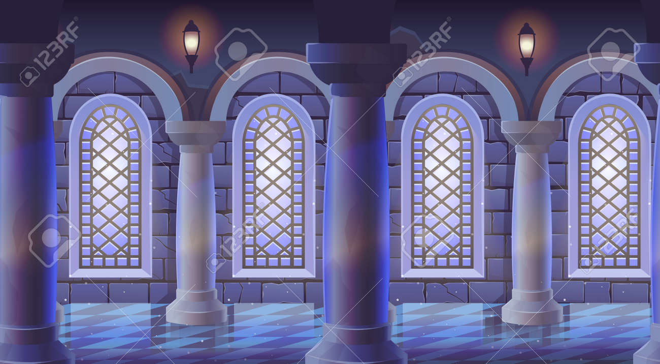 レトロ 宮殿 インテリア お城 柱2本 シームレスな背景。ステンドグラス