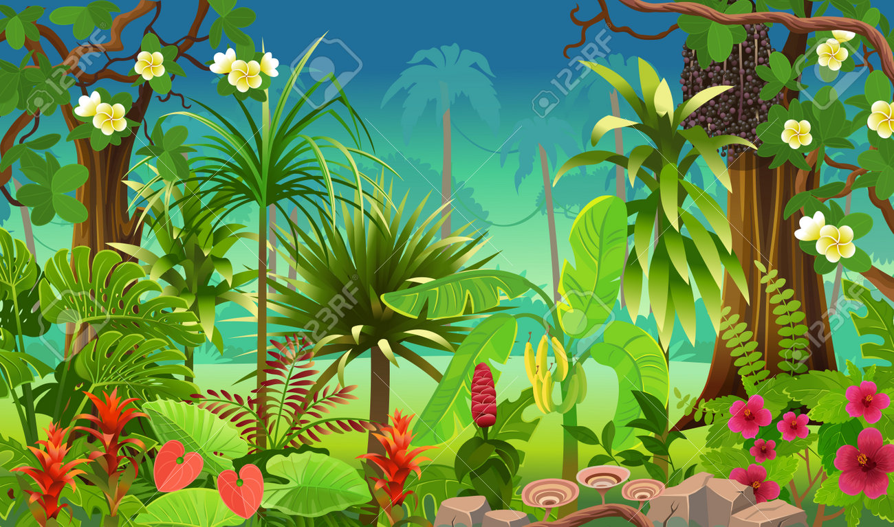 Jungle Forest View. Jungle With Green Tropical Trees, Plants, Shrubs And  Flowers. Wildlife Panoramic With Landscape. Vector Cartoon Illustration.  Royalty Free SVG, Cliparts, Vectors, and Stock Illustration. Image  219590027., image size:1300x767