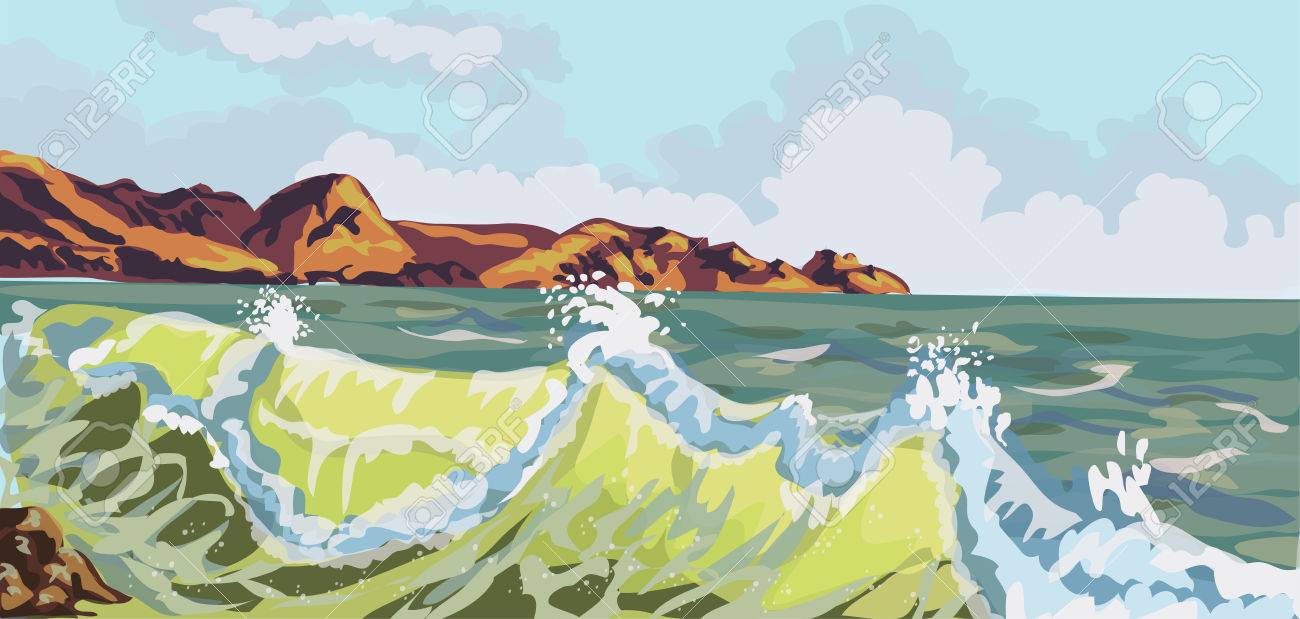 海の風景 嵐の山のビーチ 夏の背景 ベクトルの図 のイラスト素材