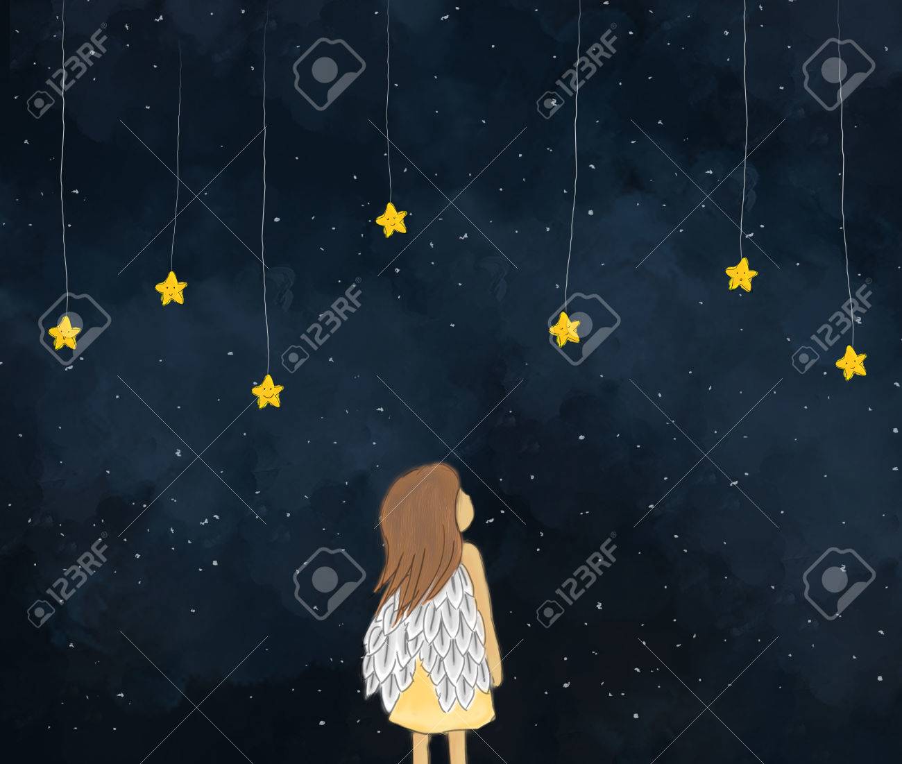 星空の夜にぶら下がっている黄色の星を見ている小さな女の子天使の図面の図 星のかわいい顔 暗い空の夜時間背景壁紙テンプレート デザイン 夢 ファンタジーのアイデア の写真素材 画像素材 Image