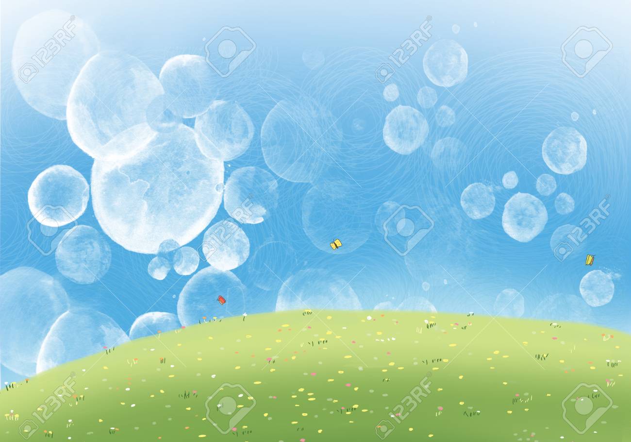 Drawing Illustration Of Bubble Blue Sky With Colorful Flowers Meadow Hill Idea Of Dream Land Fantasy Spring Scenery Nature Landscape Cartoon Template Wallpaper Stock Photo Picture And Royalty Free Image Image 85777161
