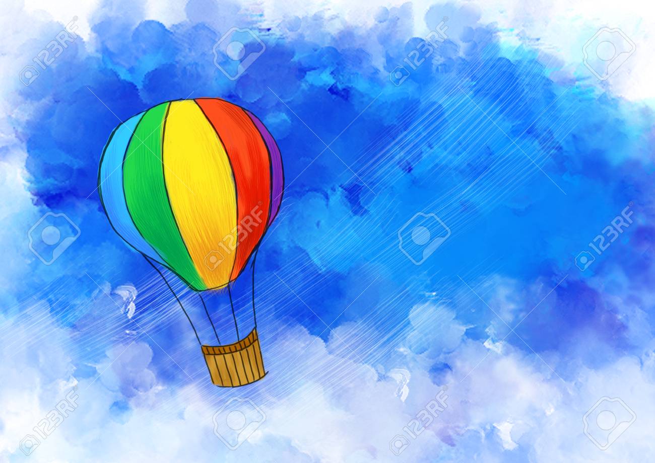 illustration graphic drawing of colorful hot air balloon flying in blue sky. Idea of freedom, travel, art, vacation, happy, journey, imagination, fun & adventure template design wallpaper background - 86365193 illustration graphic drawing of colorful hot air balloon flying in blue sky. Idea of freedom, travel, art, vacation, happy, journey, imagination, fun & adventure template design wallpaper background - 86365193