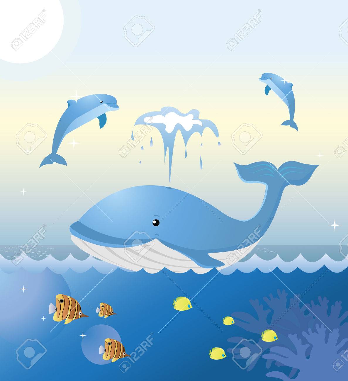 クジラとイルカは海で遊んでいます カラフルな熱帯魚の下に泳いでいます Kidcolors シリーズ のイラスト素材 ベクタ Image