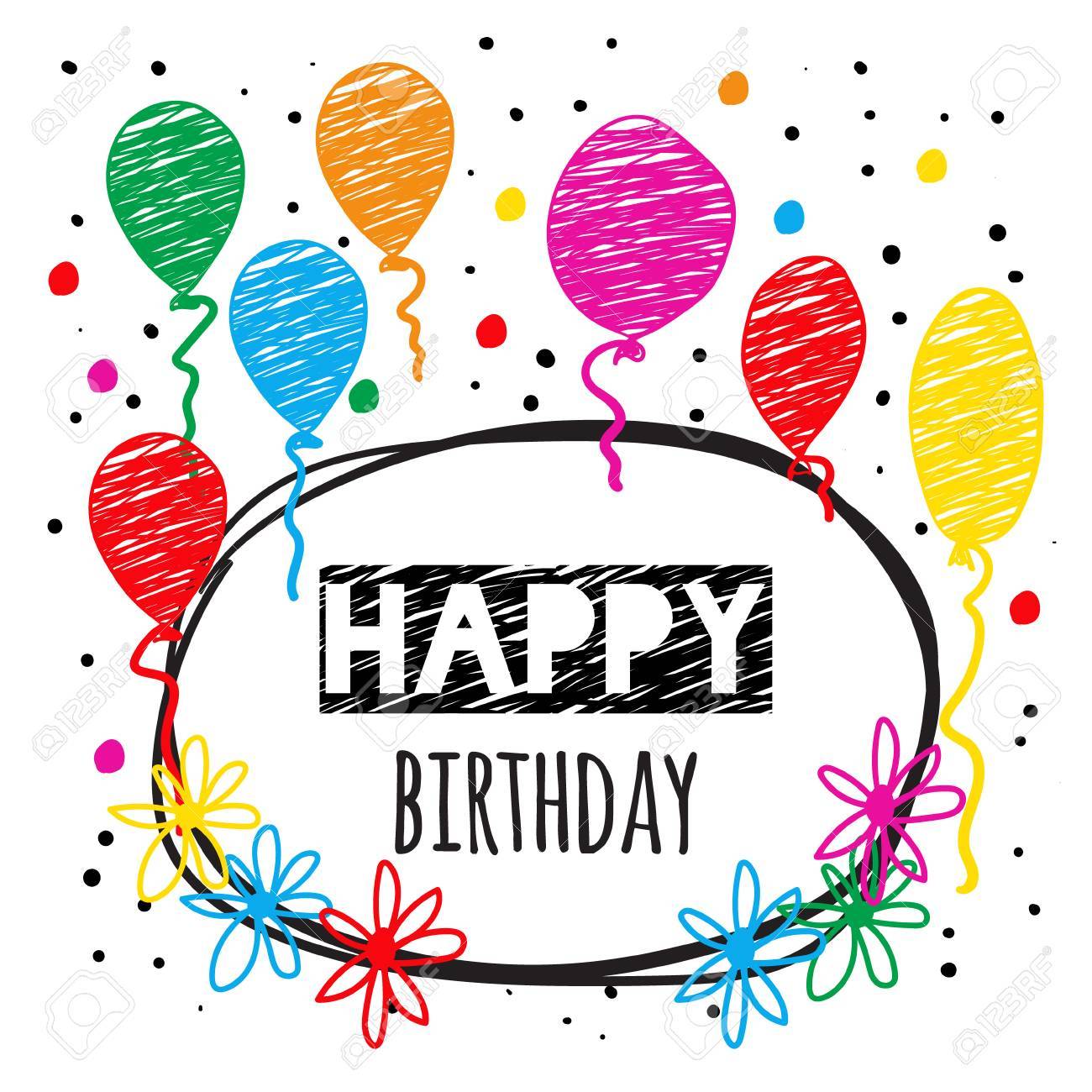 風船 紙吹雪ハッピーバースデー サインとお祝い背景 落書きスタイルで面白い誕生の背景 のイラスト素材 ベクタ Image