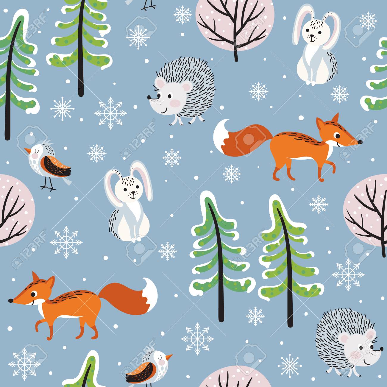 野生の森林動物 木と青い背景に雪でシームレスなパターンをベクトル かわいい手描きの冬のイラスト のイラスト素材 ベクタ Image