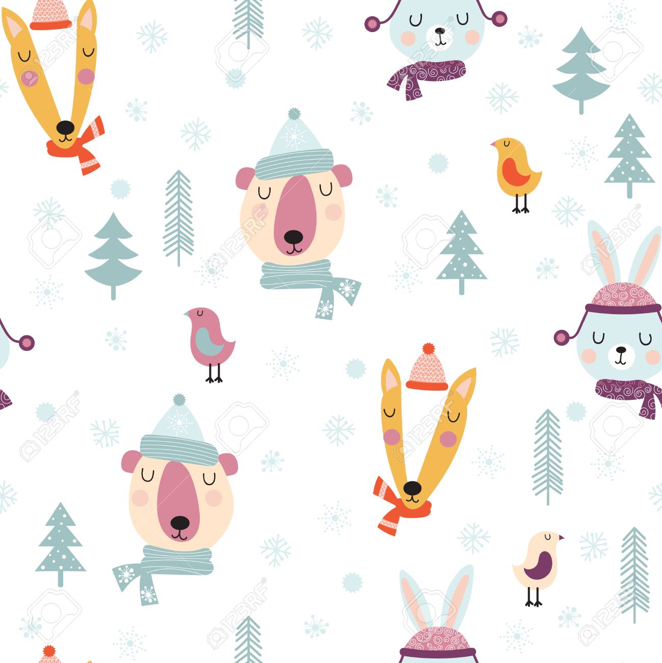 Seamless Pattern With Cute Cartoon Forest Animals In Winter Time On White  Background. Royalty Free SVG, Cliparts, Vectors, and Stock Illustration.  Image 96834718., image size:1299x1300