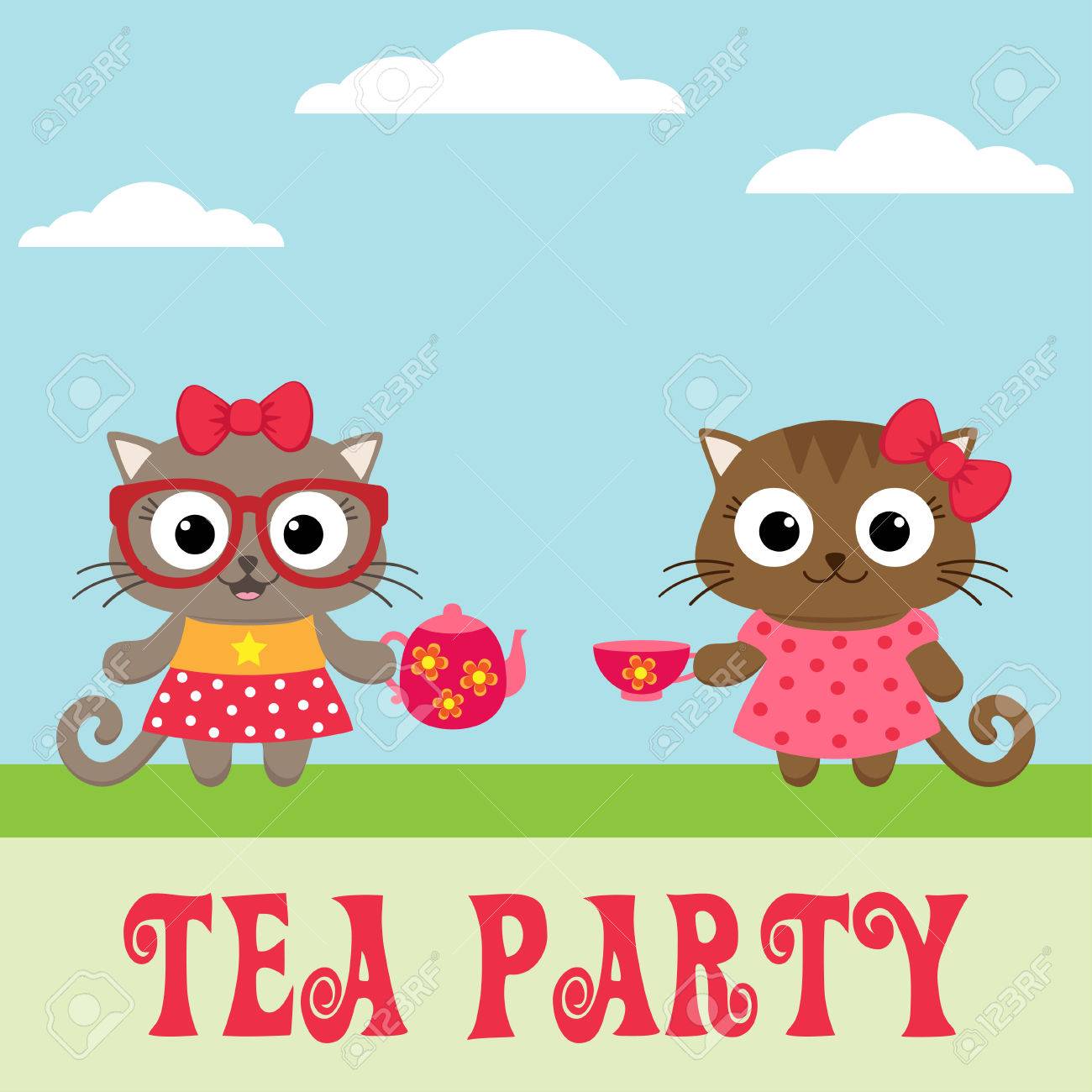 tea party invitation with cute kitty girls with teapot and cup girls tea party invitations