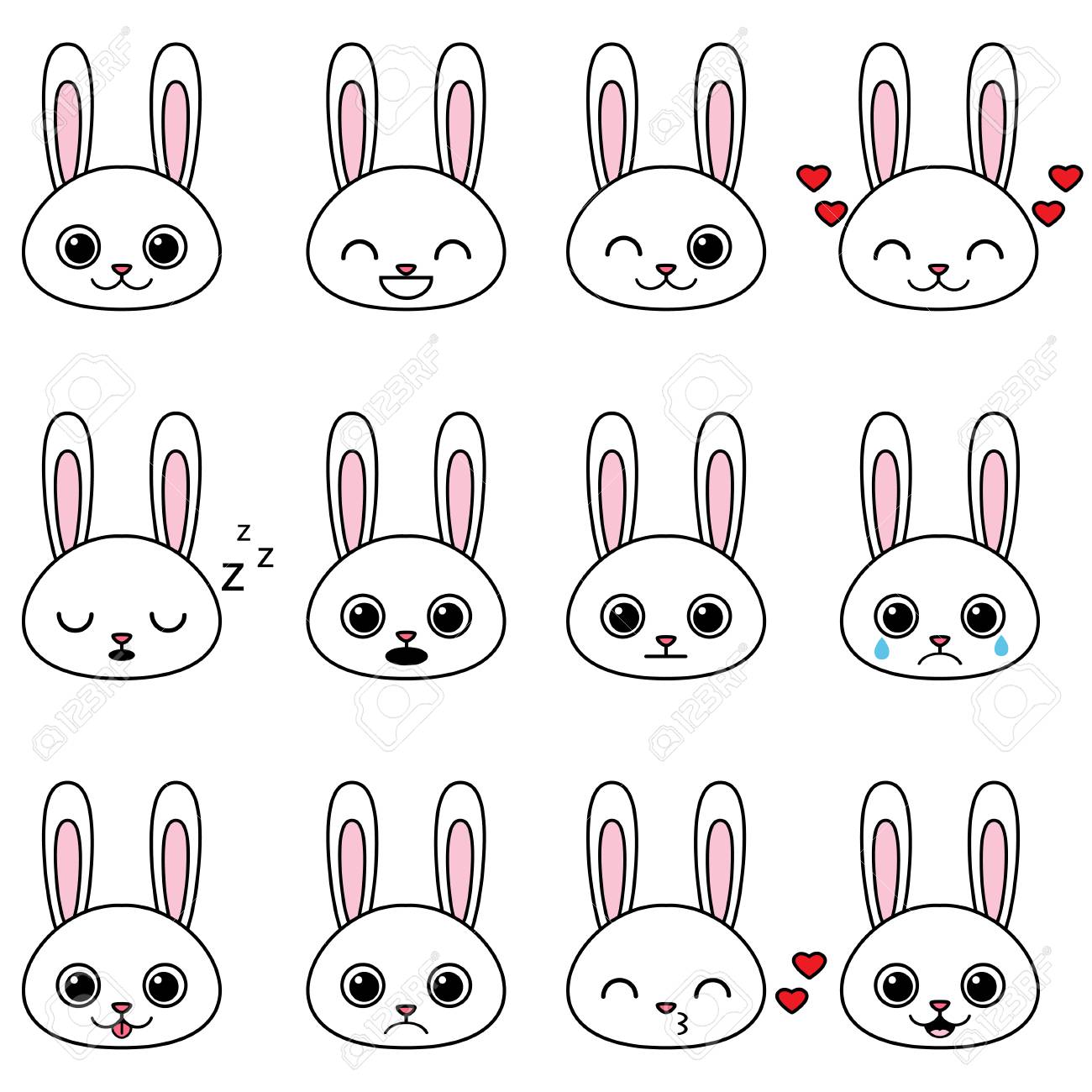 Ensemble De Lapins De Dessin Anime Kawaii Avec Diverses Emotions Clip Art Libres De Droits Vecteurs Et Illustration Image