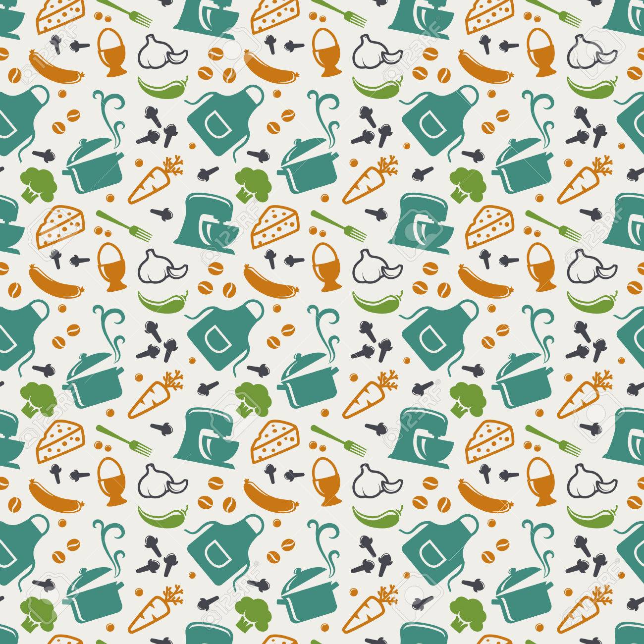 Nourriture Et Cuisine Seamless Dans Les Couleurs Bleu, Orange, Vert ... Nourriture Et Cuisine Seamless Dans Les Couleurs Bleu, Orange, Vert ...