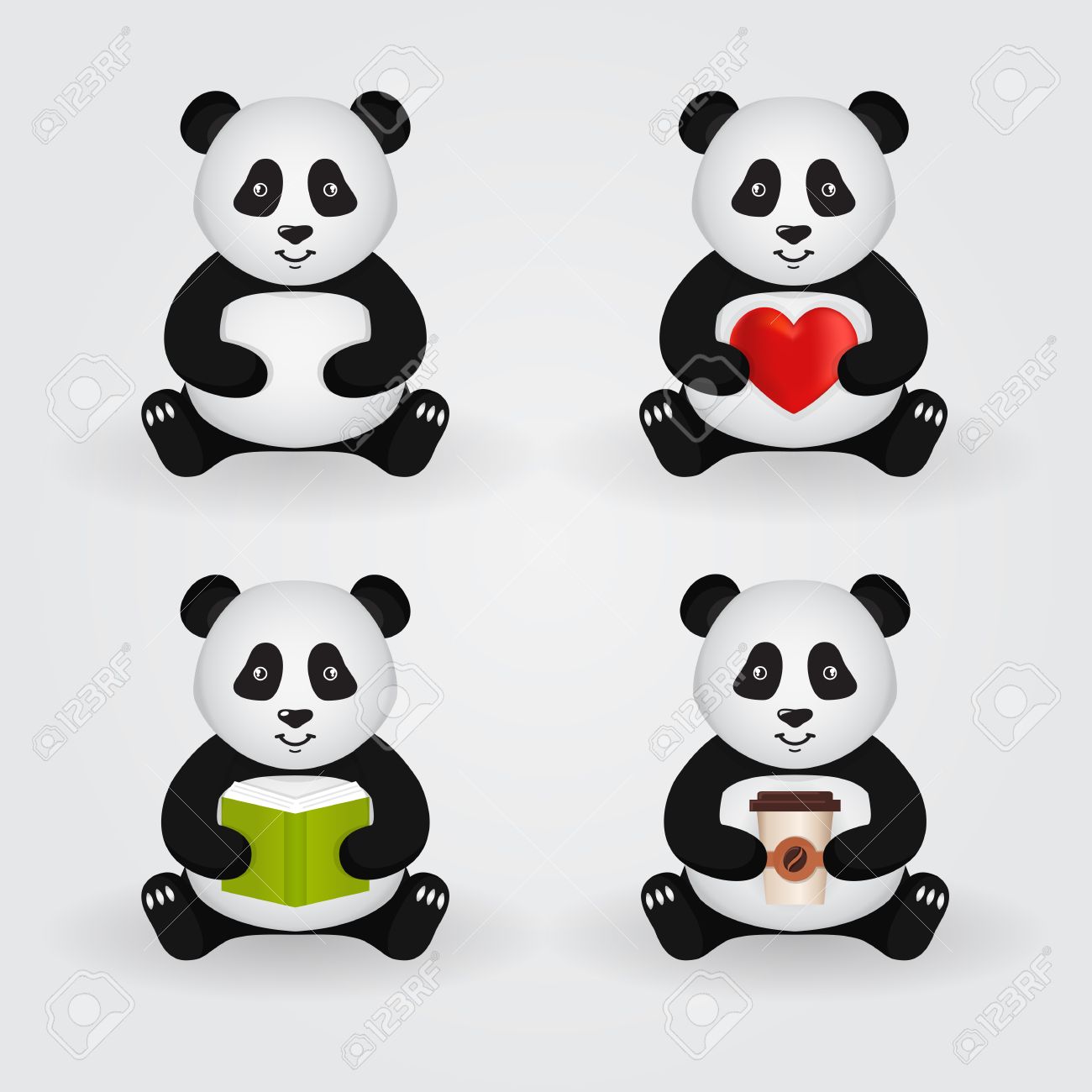 Cute cartoon pandas isolated on light background. Set of pandas holding a different things: heart, book, cup of coffee. Vector illustration. - 51229345 Cute cartoon pandas isolated on light background. Set of pandas holding a different things: heart, book, cup of coffee. Vector illustration. - 51229345