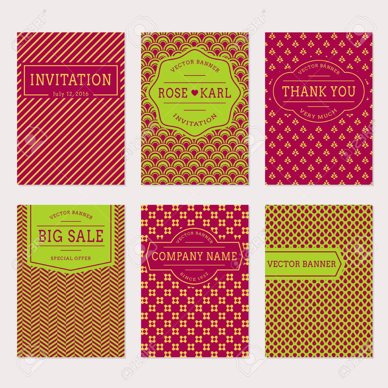 抽象的な装飾とトレンディなミニマルなバナーを設定します 緑と紫の色のカードのテンプレート 結婚式招待状 お礼状 会社 販売ラベル コレクションです のイラスト素材 ベクタ Image