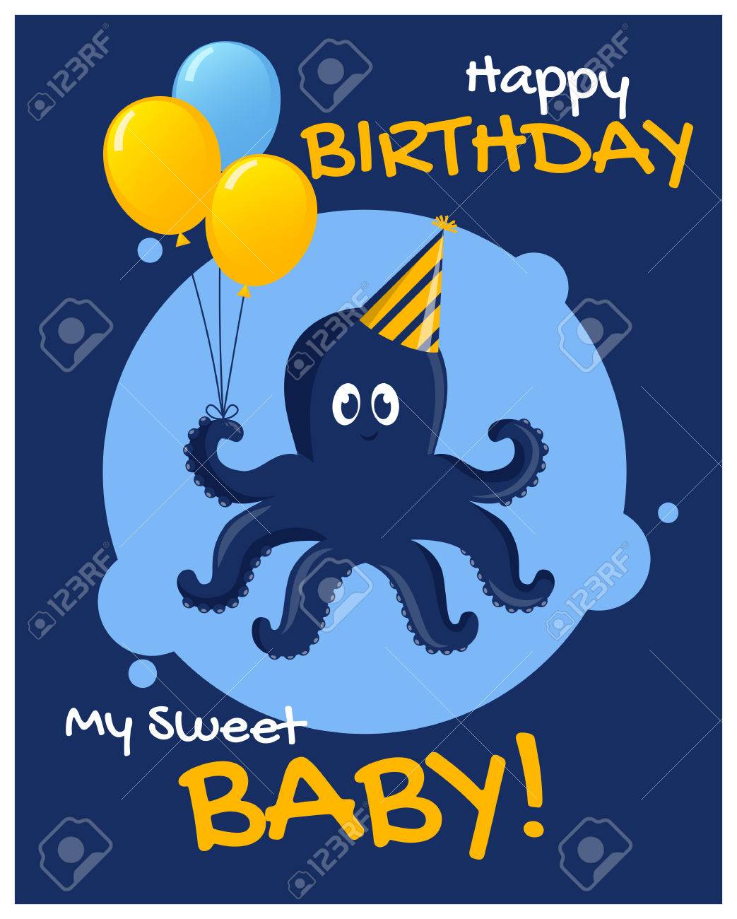 Joyeux Anniversaire Mon Doux Bebe Carte De Voeux Avec Des Pieuvres Mignonnes Et Des Ballons Illustration Vectorielle Clip Art Libres De Droits Vecteurs Et Illustration Image