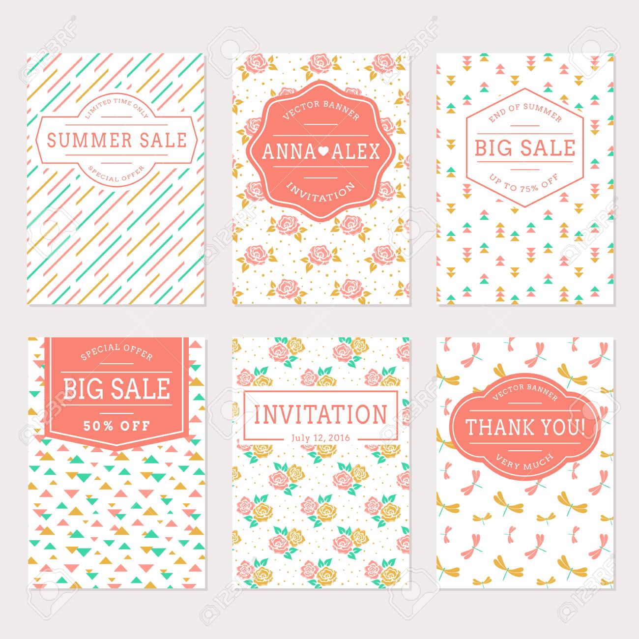 set of cute banners in white pink gold and turquoise colors
