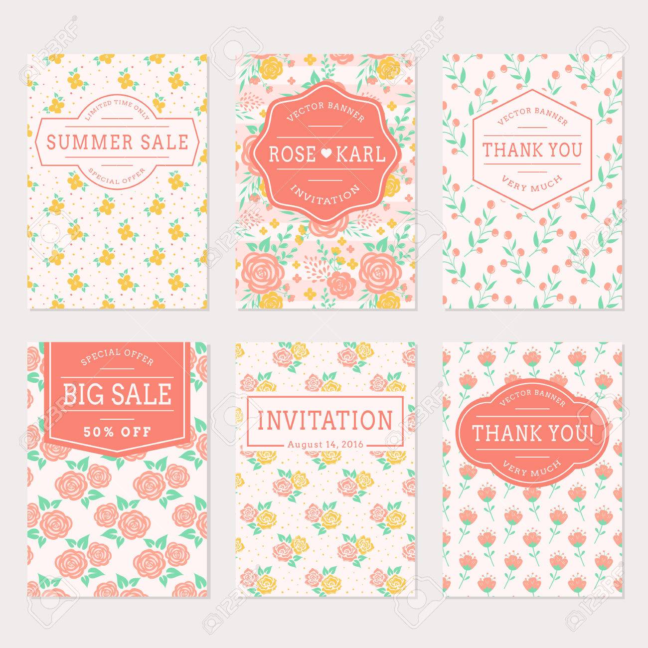 set of cute banners with floral background wedding invitations