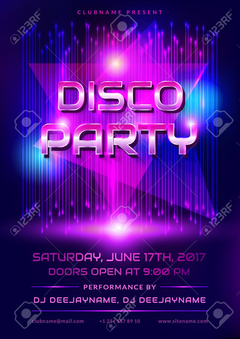 colorful flyer for disco party invitation with shiny background