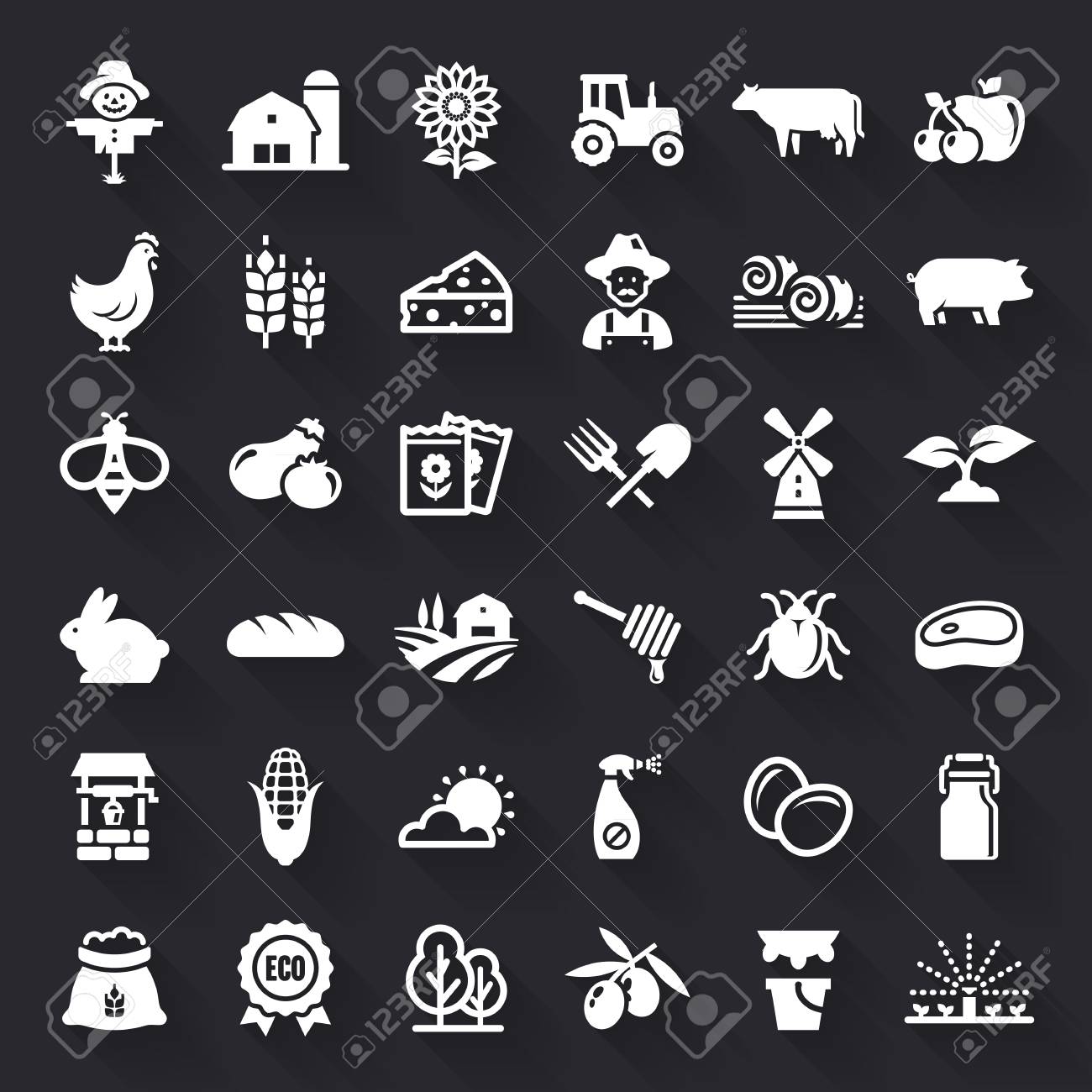 Farming And Agriculture White Flat Icons With Shadow. Farm And Countryside  Set: Fruit, Vegetables, Natural Products, Fresh Meal, Animals, Plants,  Equipment. Vector Symbols Isolated On Black Background Royalty Free SVG,  Cliparts, Vectors,, image size:1300x1300