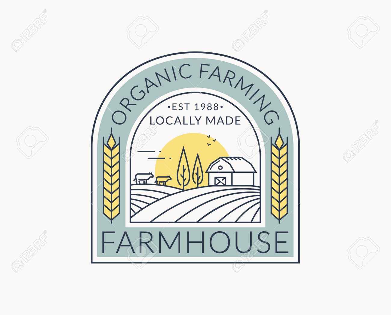 Farm logo isolated on white background. Line emblem with farmhouse, cows and wheat ear. Colored outline badge for natural products and organic food. Vector illustration. - 160172598 Farm logo isolated on white background. Line emblem with farmhouse, cows and wheat ear. Colored outline badge for natural products and organic food. Vector illustration. - 160172598