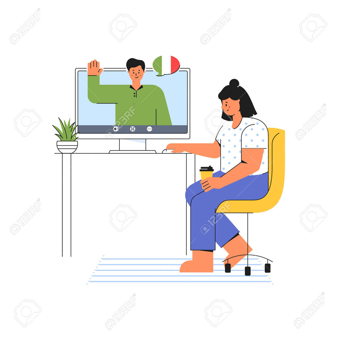 E-learning at home. Young woman listens to the teacher of Italian language. Online course on the website. Distance education concept. Modern vector illustration isolated on a white background. - 160162616 E-learning at home. Young woman listens to the teacher of Italian language. Online course on the website. Distance education concept. Modern vector illustration isolated on a white background. - 160162616